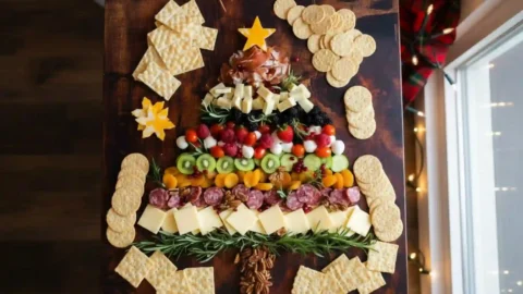 A beautiful Christmas tree-shaped charcuterie board overflowing with meats, cheeses, fruits, and olives, garnished with rosemary and a cheese star.