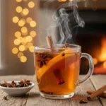Close-up of a steaming mug of warm Wassail, garnished with an orange slice and cinnamon stick on a rustic wooden table with soft background lights.