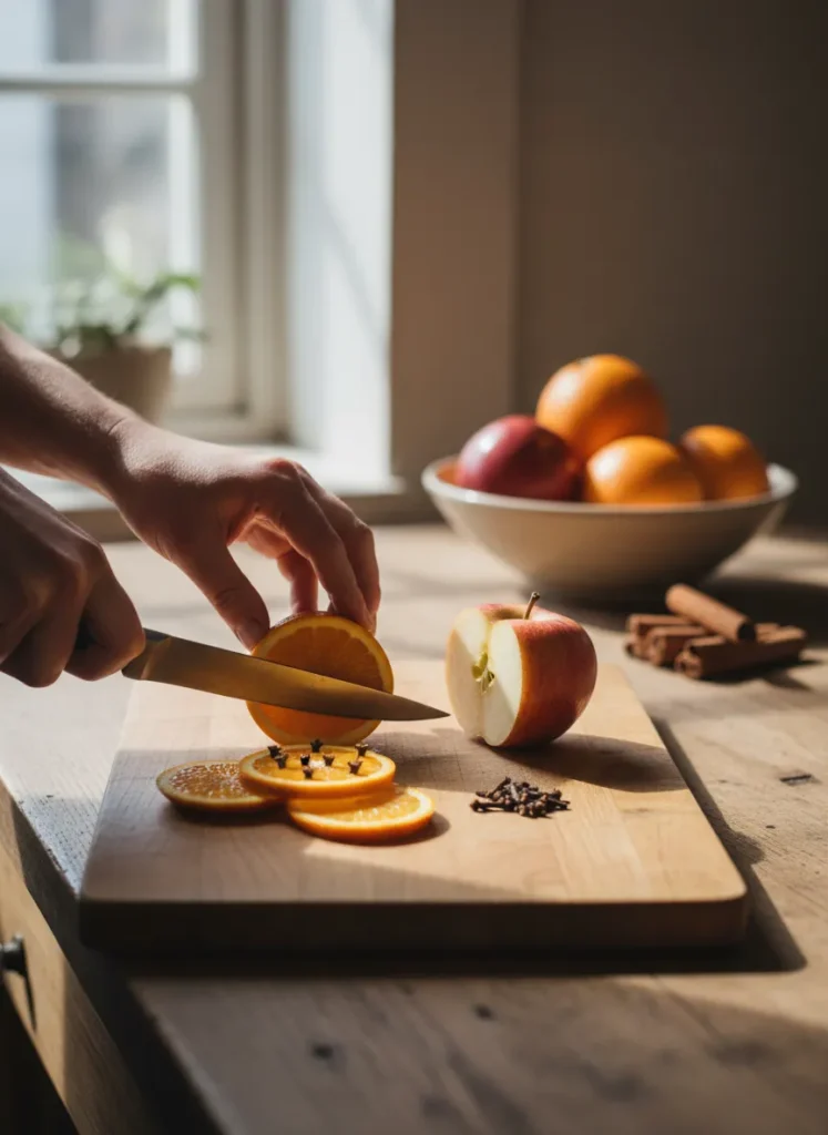 Hands slicing fresh oranges and apples on a cutting board, with cloves being pressed into an orange slice as part of Wassail preparation.