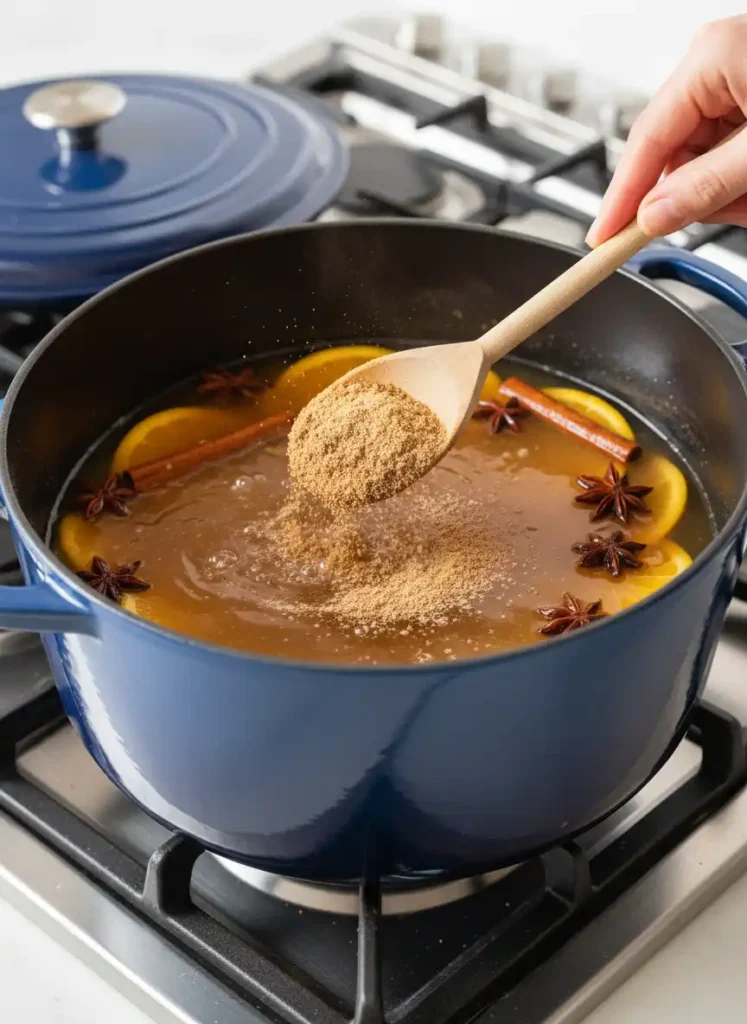 Various fruit juices, brown sugar, ground ginger, and nutmeg being combined and stirred in a large Dutch oven for Wassail.