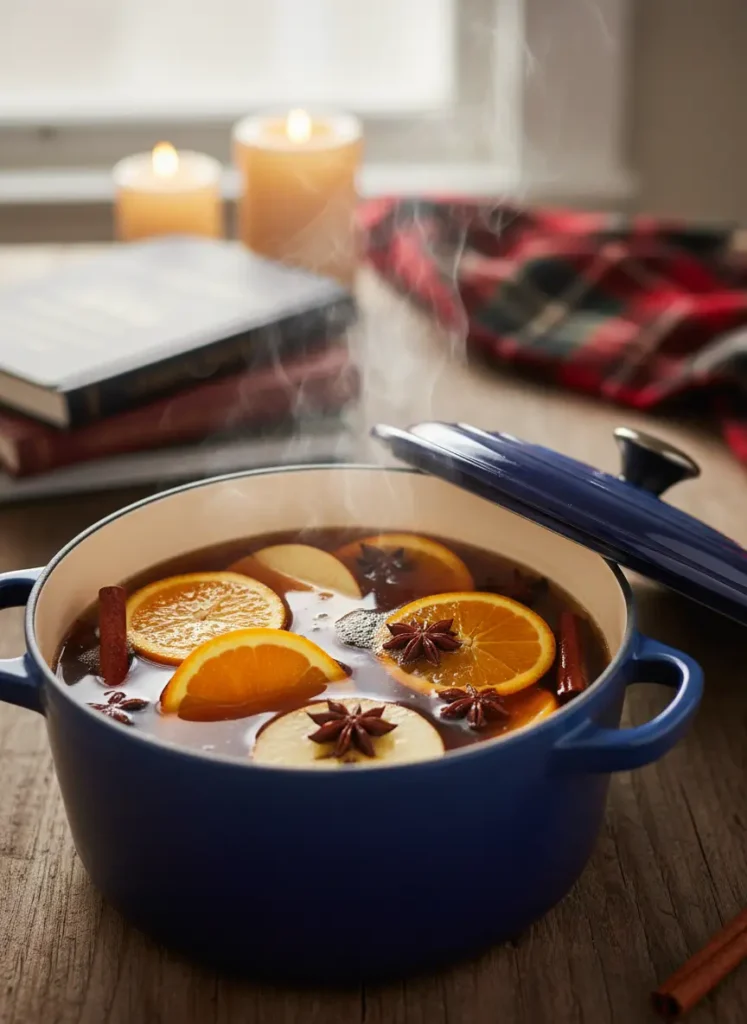 Wassail gently simmering in a Dutch oven with visible orange slices, apple slices, cinnamon sticks, and star anise pods.
