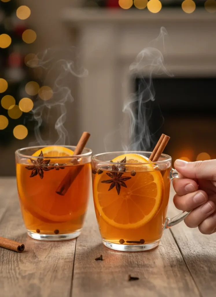 Two mugs of steaming Wassail, garnished with orange slices and cinnamon sticks, on a cozy table with a hand reaching for one mug.