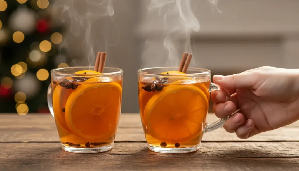 Close-up of a steaming mug of warm Wassail, garnished with an orange slice and cinnamon stick on a rustic wooden table with soft background lights.