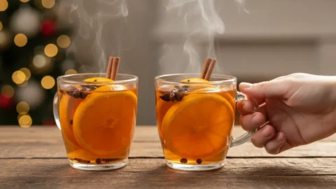 Close-up of a steaming mug of warm Wassail, garnished with an orange slice and cinnamon stick on a rustic wooden table with soft background lights.