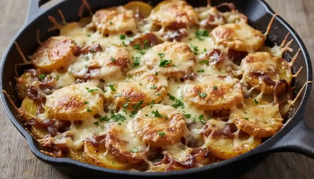 Close-up of golden, bubbly French Onion Lyonnaise Potatoes in a cast iron skillet, topped with melted Gruyère cheese and fresh parsley.