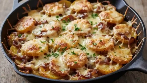 Close-up of golden, bubbly French Onion Lyonnaise Potatoes in a cast iron skillet, topped with melted Gruyère cheese and fresh parsley.
