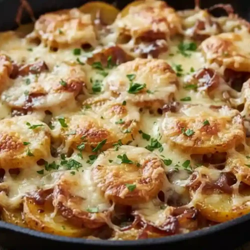 Close-up of golden, bubbly French Onion Lyonnaise Potatoes in a cast iron skillet, topped with melted Gruyère cheese and fresh parsley.