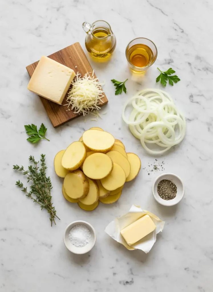 Flat lay of fresh ingredients for French Onion Lyonnaise Potatoes: sliced potatoes, sliced onions, Gruyère cheese, thyme, parsley, butter, olive oil, and sherry.