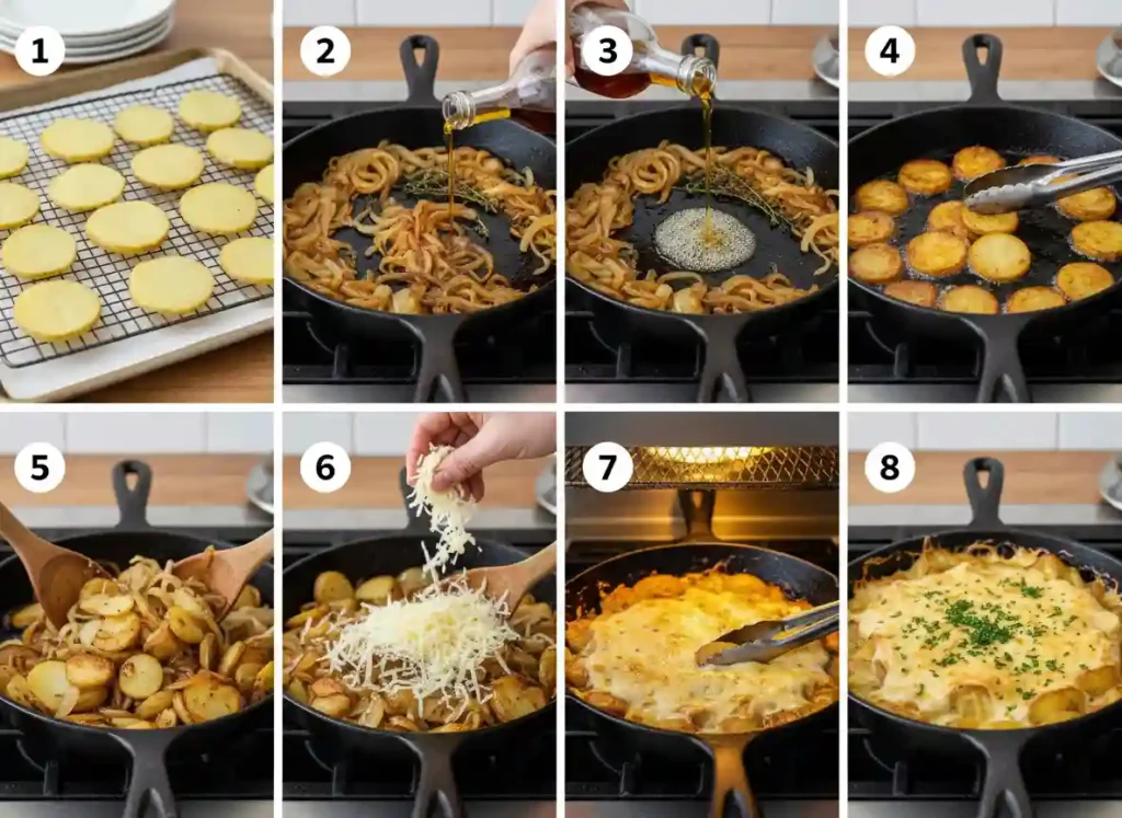 A 4x2 grid collage showing 8 steps for making French Onion Lyonnaise Potatoes: parboiling potatoes, caramelizing onions, deglazing, frying potatoes, combining, adding cheese, broiling, and garnishing.