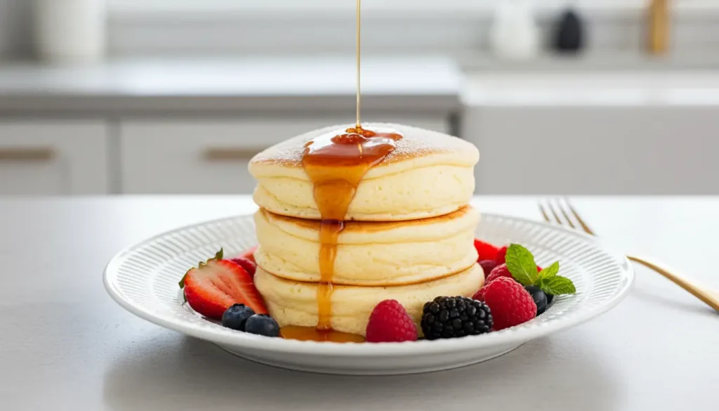 Close-up of a magnificent stack of three golden, airy soufflé pancakes drizzled with maple syrup, dusted with powdered sugar, and garnished with fresh berries on a white plate.