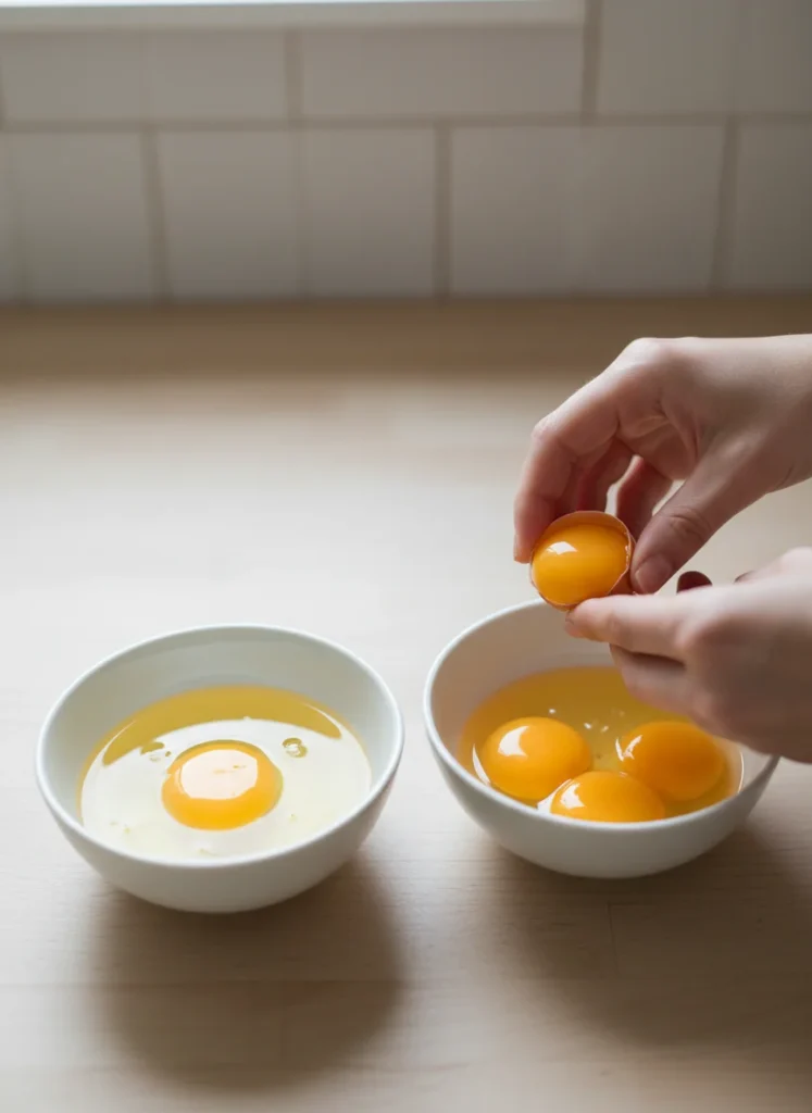 Two white bowls, one containing clear egg whites and the other bright yellow egg yolks, perfectly separated for soufflé pancake preparation.