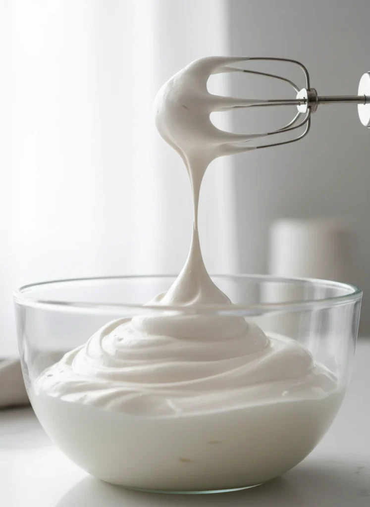 Egg whites in a stainless steel bowl being beaten with a hand mixer, with cream of tartar visibly added to create a frothy texture.