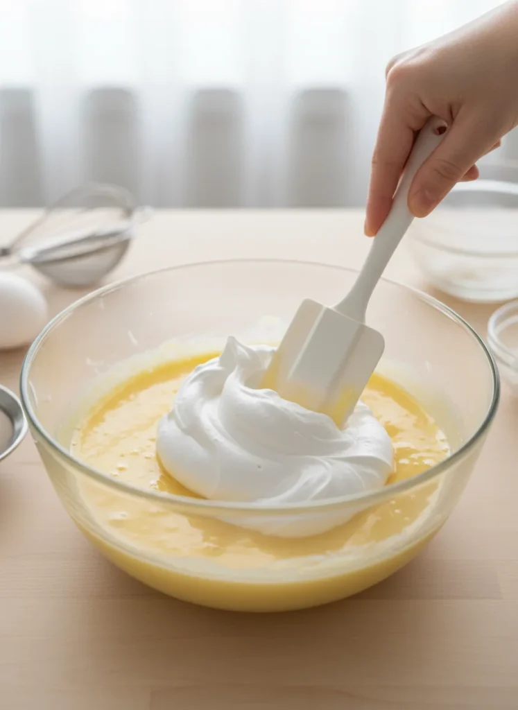 A hand gently folding a third of the white, fluffy meringue into the yellow egg yolk batter with a rubber spatula in a glass bowl.