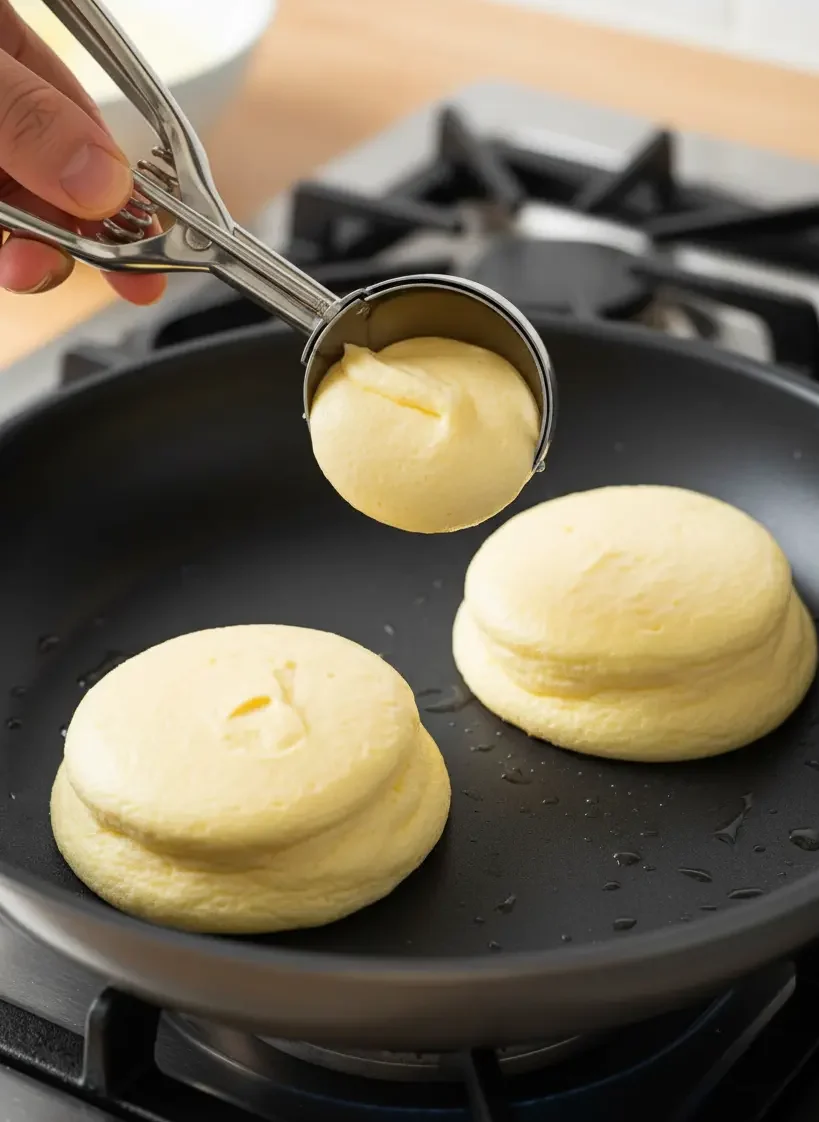 A hand scooping and stacking thick, light-yellow mounds of soufflé pancake batter into a hot, lightly oiled non-stick frying pan to create tall shapes.