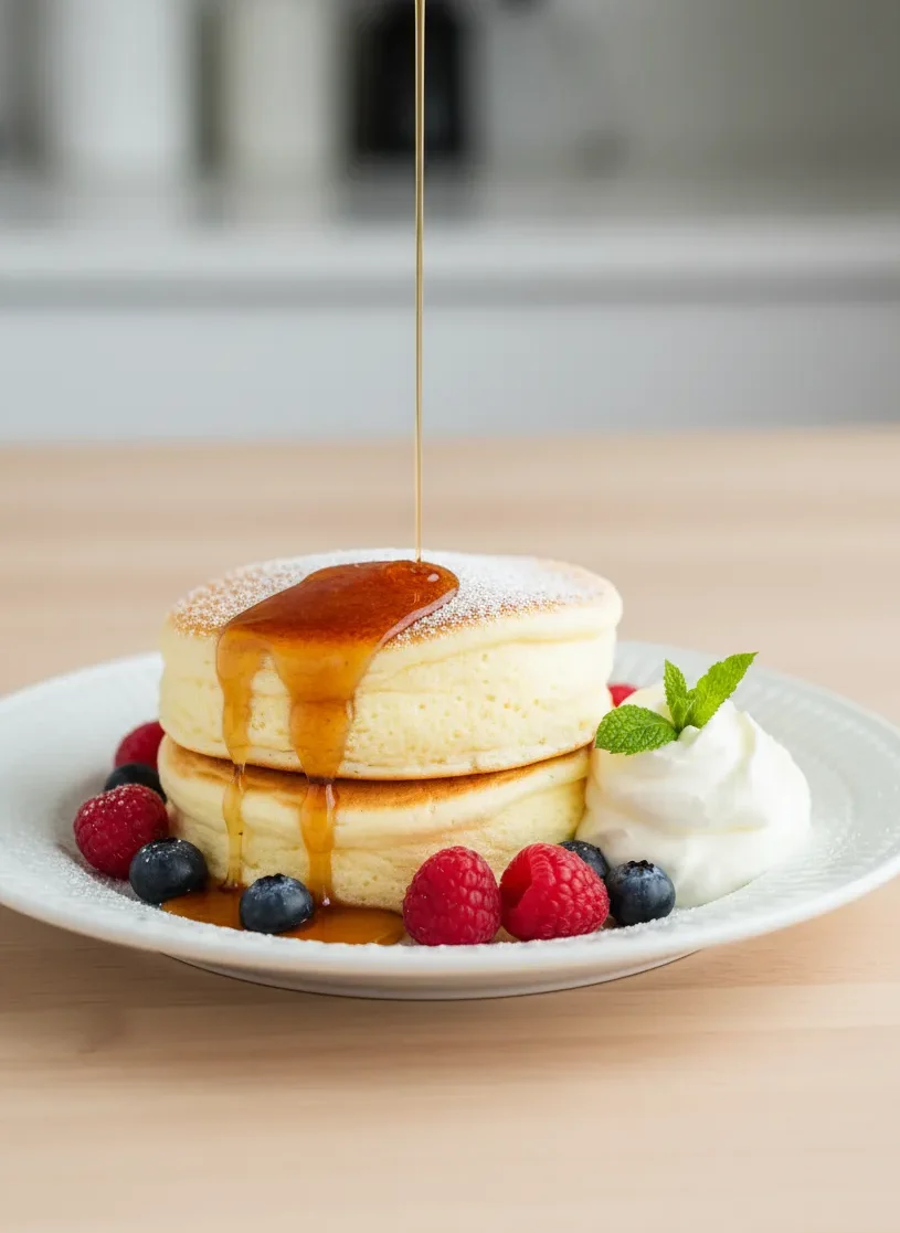 A stack of two fluffy, golden soufflé pancakes on a white plate, topped with powdered sugar, maple syrup, fresh raspberries, blueberries, and whipped cream.