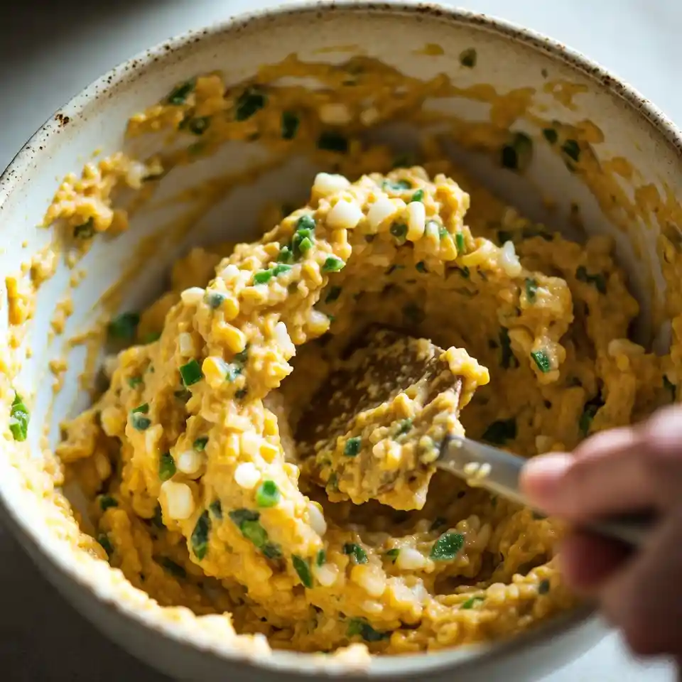 Close-up of milk being stirred into the corn, jalapeno, and cheese mixture to form batter.