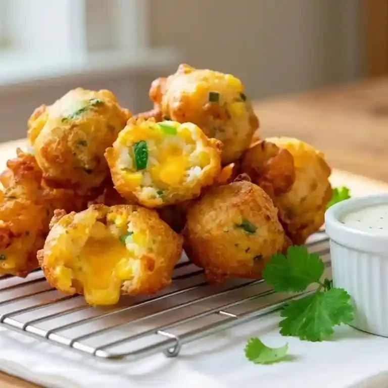 Golden brown crispy corn nuggets being removed with a slotted spoon and draining on a wire rack.