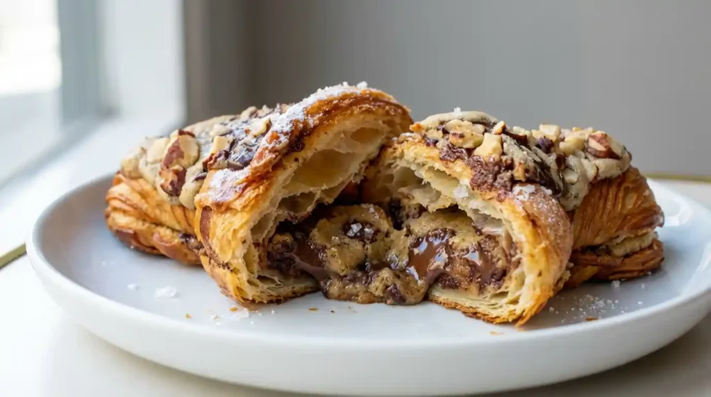 A close-up of a golden-brown crookie, half-split, revealing a gooey chocolate chip cookie filling with melted chocolate, topped with powdered sugar and flaky sea salt on a white plate.