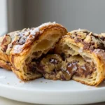 A close-up of a golden-brown crookie, half-split, revealing a gooey chocolate chip cookie filling with melted chocolate, topped with powdered sugar and flaky sea salt on a white plate.