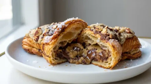 A close-up of a golden-brown crookie, half-split, revealing a gooey chocolate chip cookie filling with melted chocolate, topped with powdered sugar and flaky sea salt on a white plate.