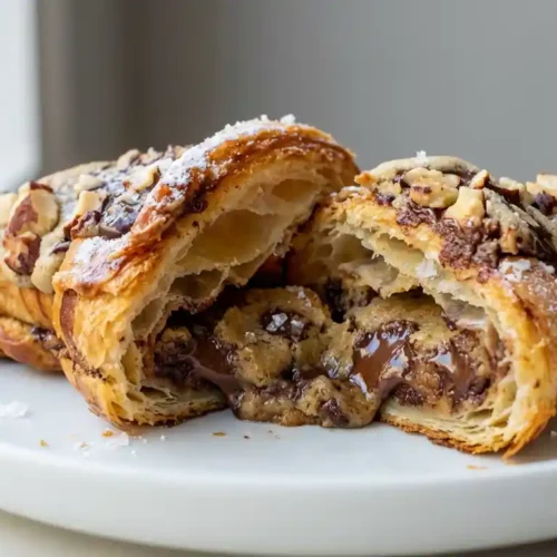 A close-up of a golden-brown crookie, half-split, revealing a gooey chocolate chip cookie filling with melted chocolate, topped with powdered sugar and flaky sea salt on a white plate.