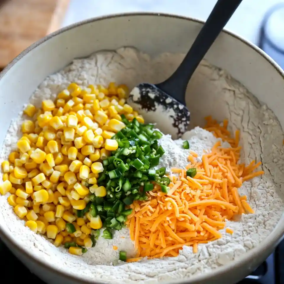 Sweet corn, diced jalapenos, and shredded cheese being folded into flour mix in a bowl.