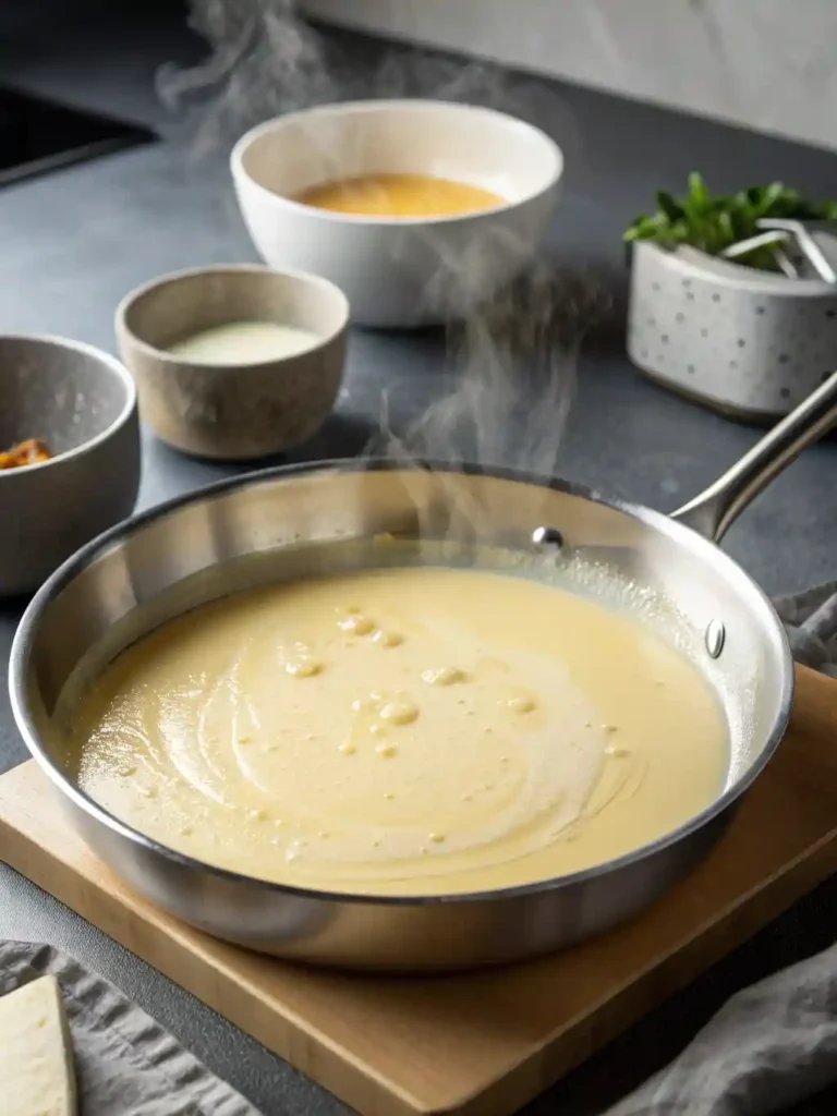 Close-up of the rich, creamy golden-yellow coconut milk and miso sauce gently simmering in a skillet.