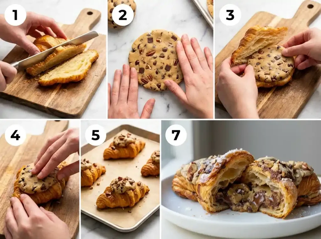 A 7-panel collage showing the step-by-step process of making Crookies, from slicing the croissant to the final dusting of powdered sugar and sea salt. Each step is numbered 1 through 7.