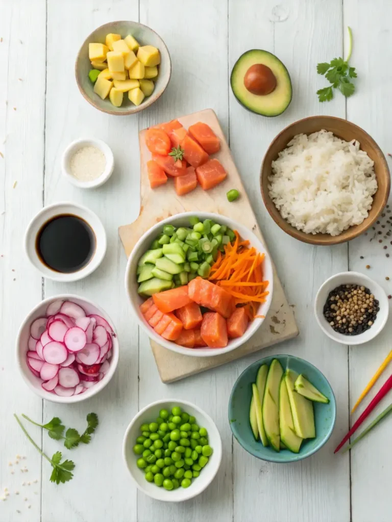 Flat lay of all ingredients for a salmon avocado poke bowl, including raw salmon, avocado, rice, soy sauce, vegetables, and garnishes, neatly arranged.