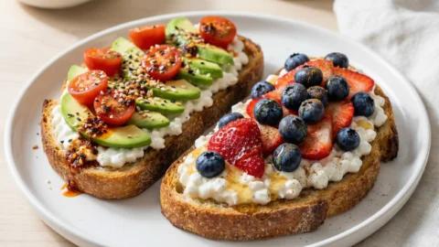 Two slices of cottage cheese toast, one savory with avocado and tomatoes, one sweet with berries and honey, on a light wood surface.