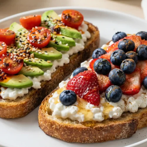 Two slices of cottage cheese toast, one savory with avocado and tomatoes, one sweet with berries and honey, on a light wood surface.