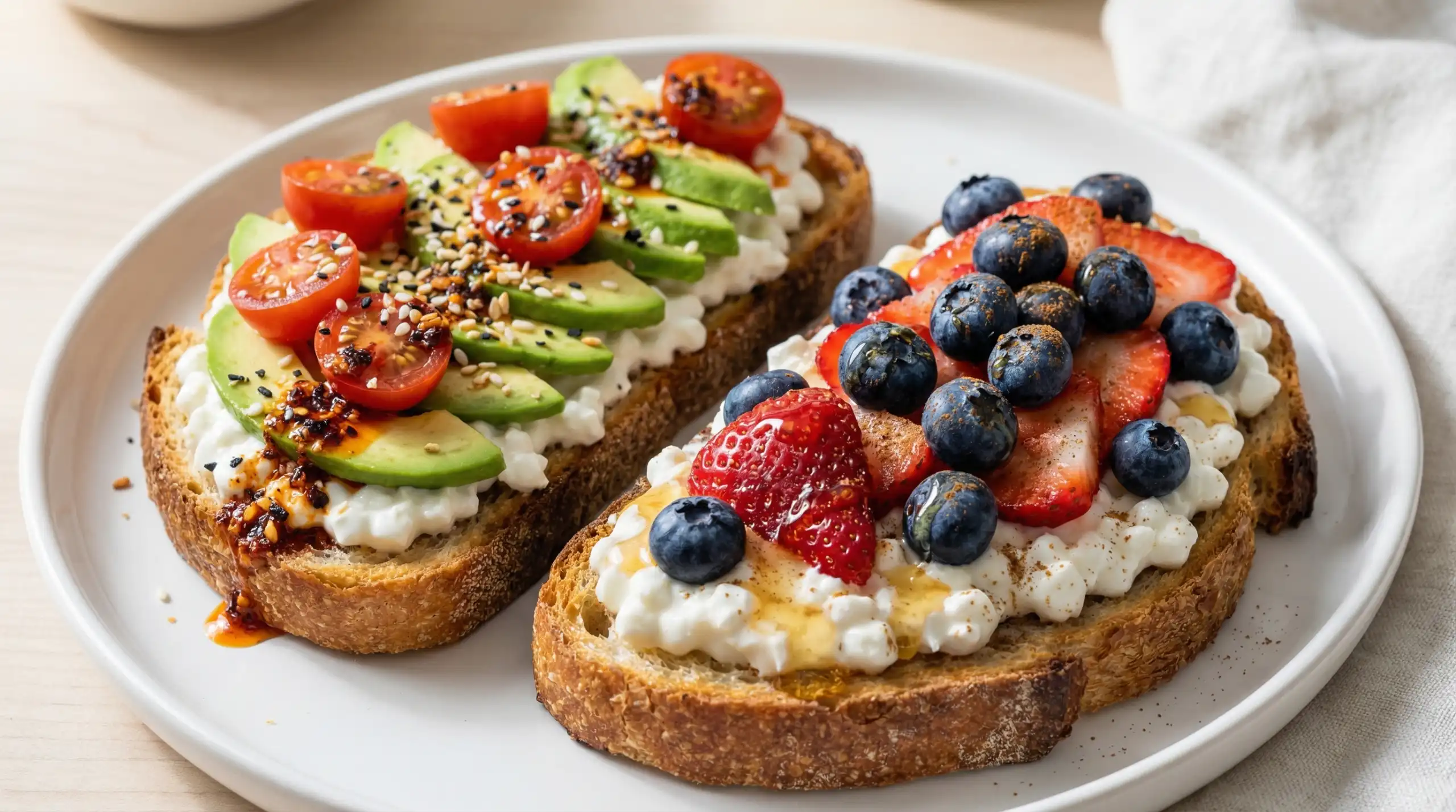Two slices of cottage cheese toast, one savory with avocado and tomatoes, one sweet with berries and honey, on a light wood surface.