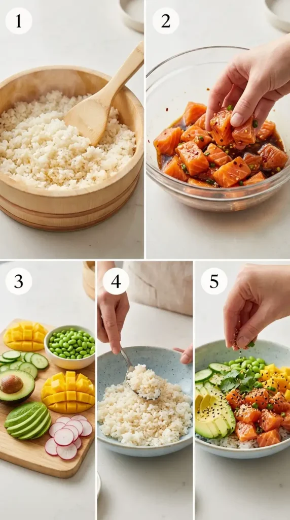 A step-by-step collage showing five stages of making a salmon avocado poke bowl: rice prep, salmon marination, vegetable prep, bowl assembly, and final garnish, each numbered.