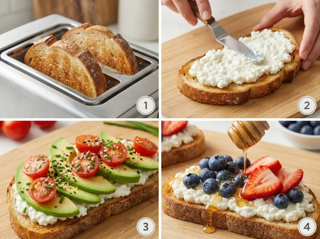 A 2x2 grid collage showing the four key steps to make cottage cheese toast: toasting bread, spreading cottage cheese, topping with savory ingredients, and topping with sweet ingredients. Each step is numbered in a white circle.