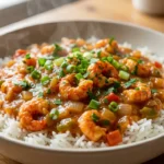 A steaming bowl of vibrant orange crawfish étouffée served over white rice, garnished with fresh green onions and parsley, on a warm wooden surface.