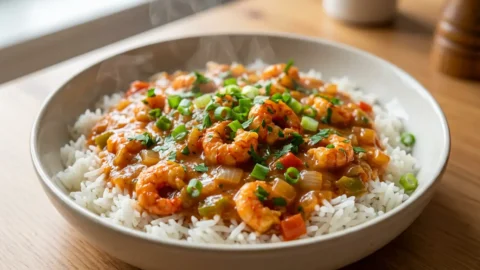 A steaming bowl of vibrant orange crawfish étouffée served over white rice, garnished with fresh green onions and parsley, on a warm wooden surface.