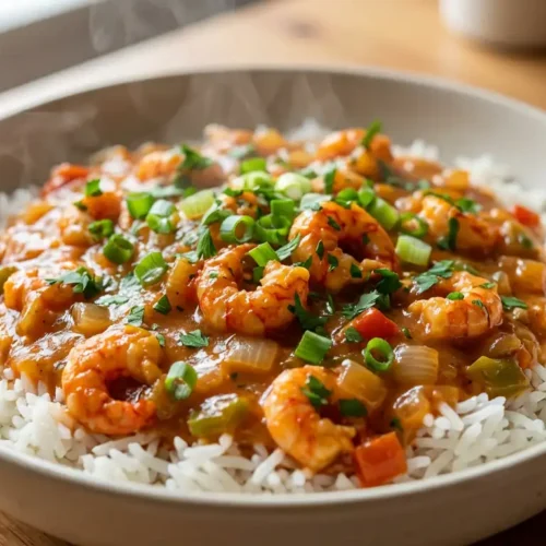 A steaming bowl of vibrant orange crawfish étouffée served over white rice, garnished with fresh green onions and parsley, on a warm wooden surface.