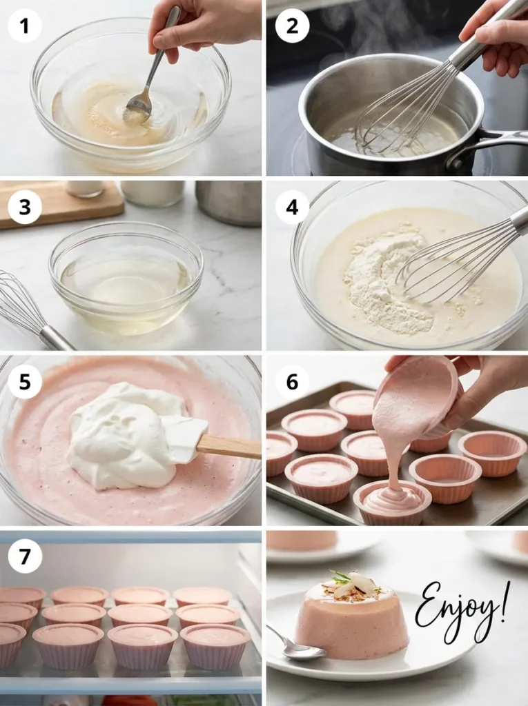 A collage showing 7 sequential steps to make bariatric gelatin: blooming, dissolving, cooling, adding protein, adding topping, pouring, and refrigerating.