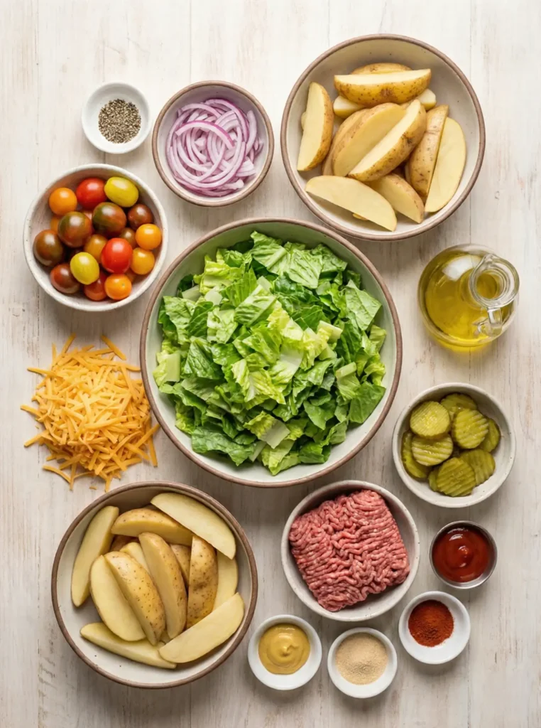 Overhead shot of fresh ingredients for a burger bowl, including ground beef, potatoes, lettuce, tomatoes, cheese, and sauces.
