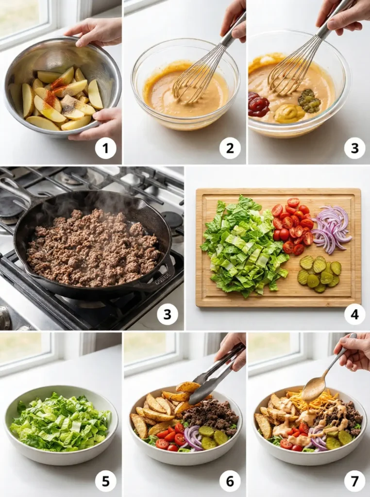 A 7-panel collage showing the steps to make a burger bowl: preparing potatoes, making sauce, cooking beef, prepping vegetables, adding lettuce, topping, and saucing.