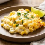 A delicious serving of golden-brown hominy casserole on a plate, garnished with fresh cilantro and a lime wedge, ready to eat.
