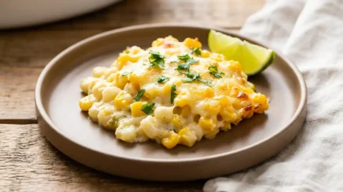 A delicious serving of golden-brown hominy casserole on a plate, garnished with fresh cilantro and a lime wedge, ready to eat.