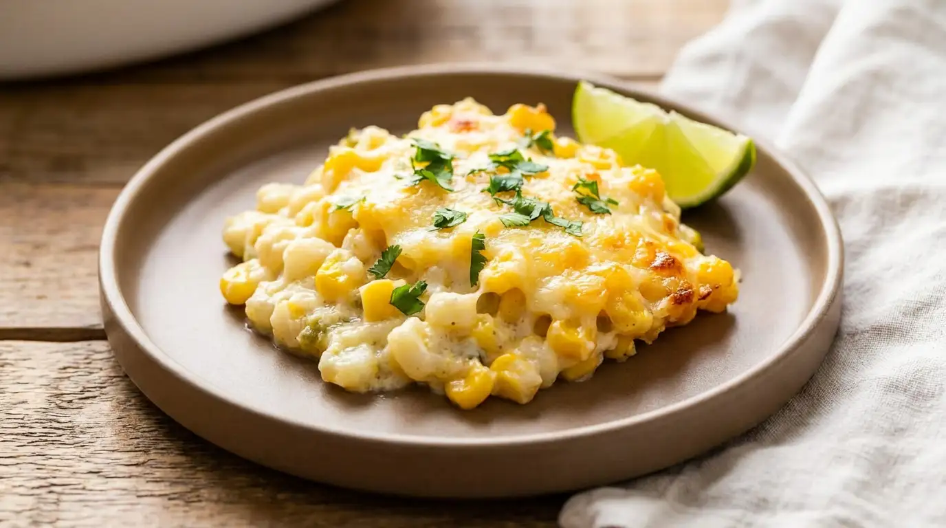 A delicious serving of golden-brown hominy casserole on a plate, garnished with fresh cilantro and a lime wedge, ready to eat.