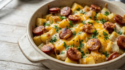 Close-up of golden brown cheesy ranch potatoes and sausage bake, garnished with fresh parsley.