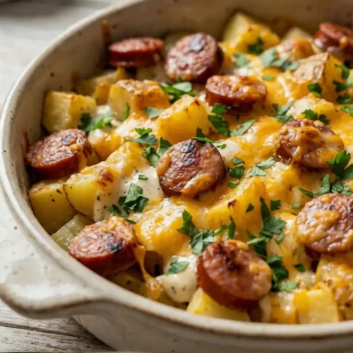 Close-up of golden brown cheesy ranch potatoes and sausage bake, garnished with fresh parsley.