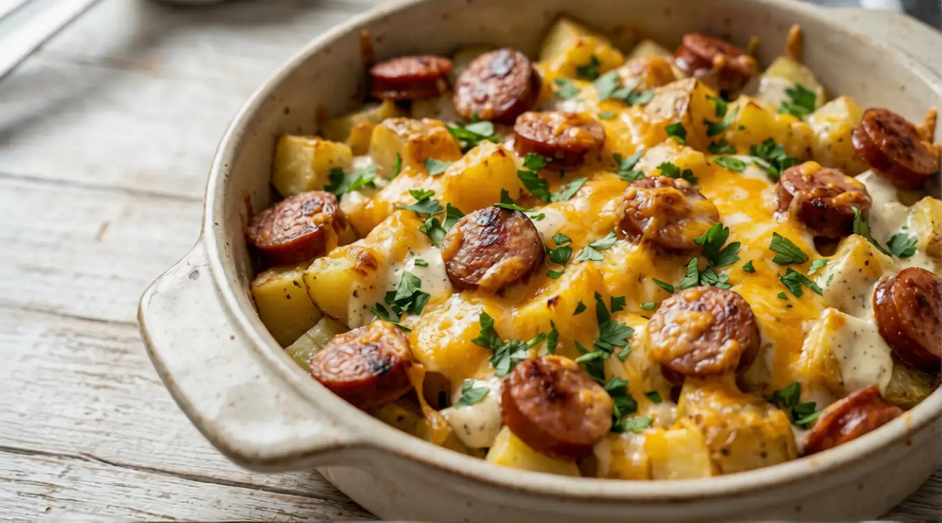 Close-up of golden brown cheesy ranch potatoes and sausage bake, garnished with fresh parsley.