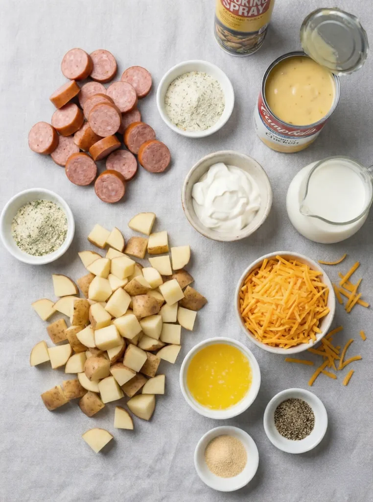 Flat-lay arrangement of all ingredients for cheesy ranch potatoes and sausage: sliced sausage, diced potatoes, ranch seasoning, cream of chicken soup, sour cream, milk, shredded cheddar cheese, butter, garlic powder, and black pepper.