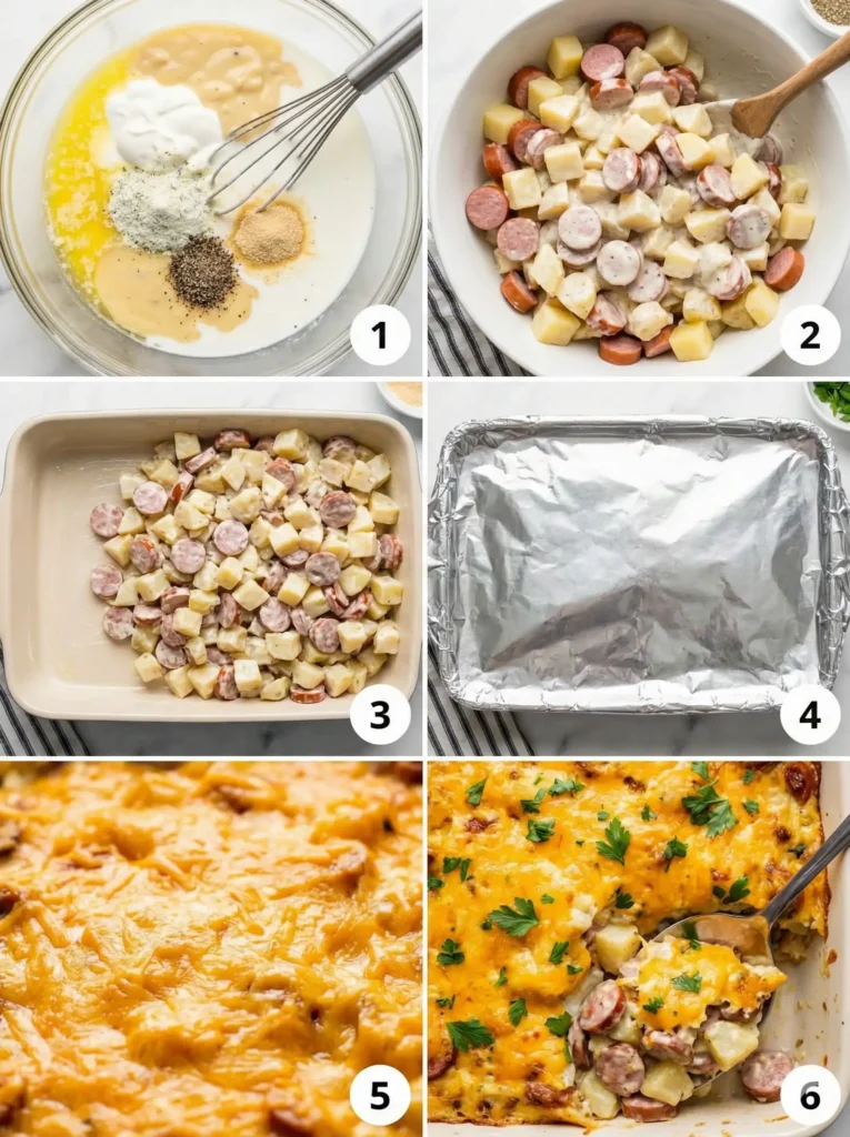 A 6-panel collage showing the step-by-step process of making cheesy ranch potatoes and sausage, from mixing ingredients to the final garnished dish.