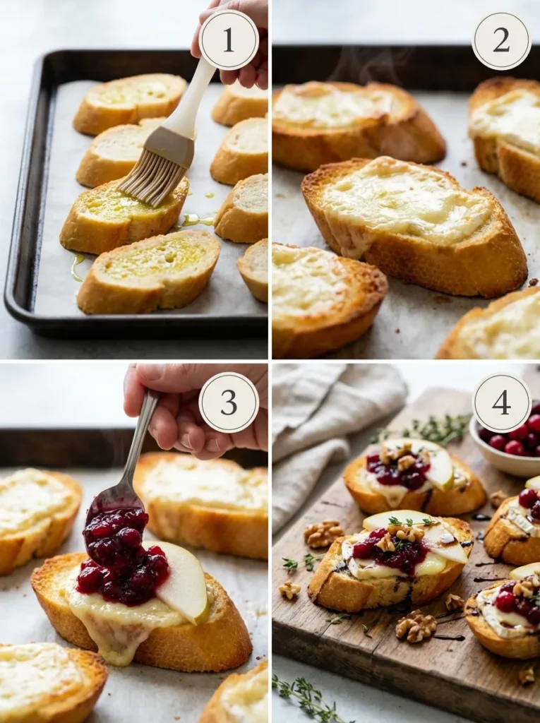 A four-panel collage showing the step-by-step process of making Cranberry Brie Pear Crostini.