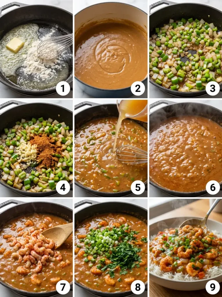 A 9-panel collage showing the entire cooking process of crawfish recipes  étouffée, from making the roux to serving, with step numbers 1 through 9 elegantly displayed in each panel's corner.